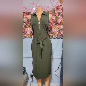 Mickel Korn Olive Green Sleeveless Tie-Waist Midi Dress with Zip Detail New